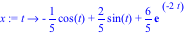 x := proc (t) options operator, arrow; -1/5*cos(t)+2/5*sin(t)+6/5*exp(-2*t) end proc
