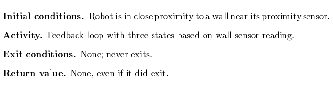 \fbox {\parbox{5.8in}{
\begin{description}
\item [Initial conditions.] Robot is ...
 ...ever exits.
\item [Return value.] None, even if it did exit.\end{description}}}
